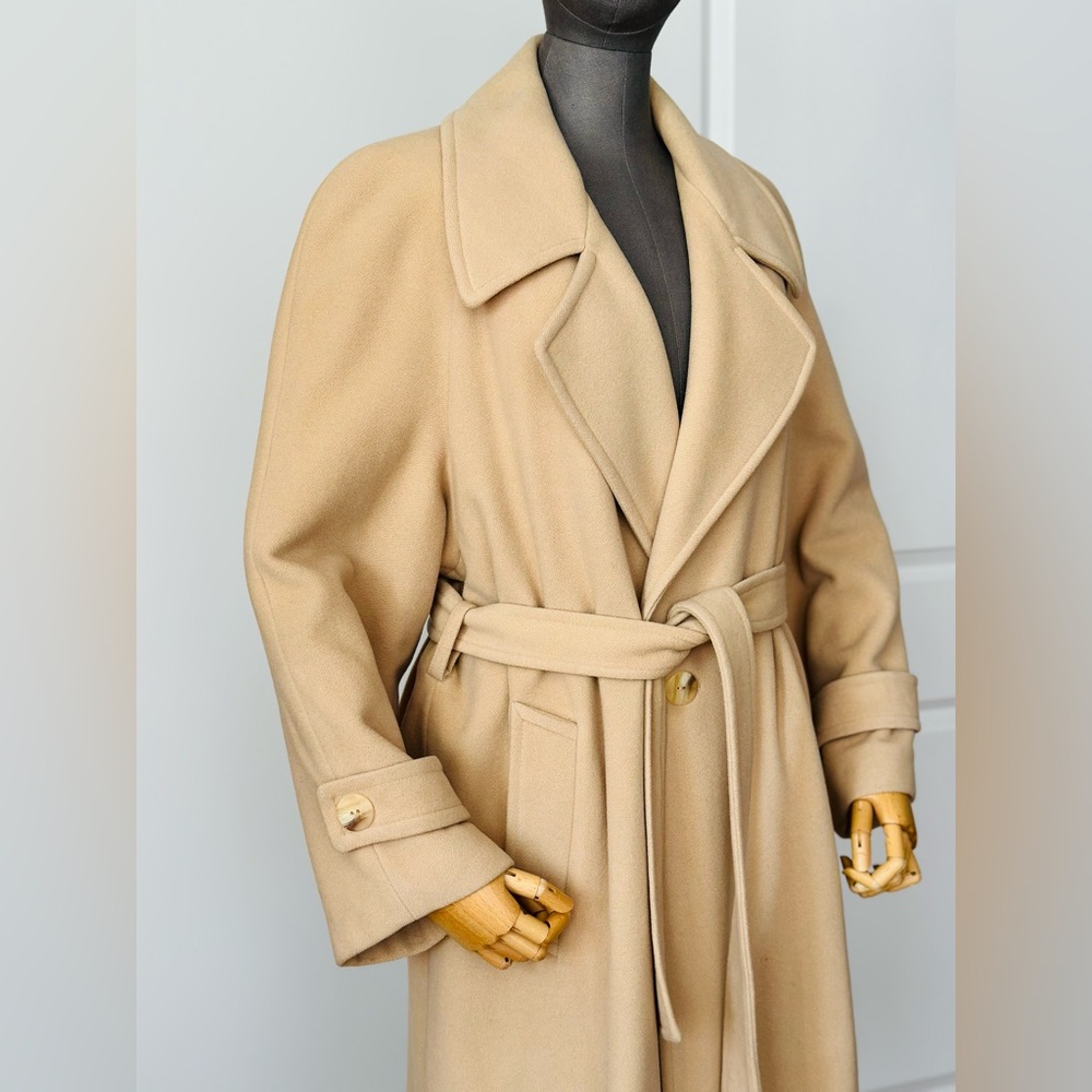 Vintage Camel Classic Lambswool Midi Coat | Belted Wrap Style - Picture 13 of 17